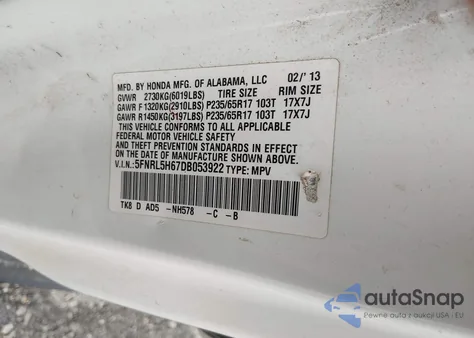 2013 Honda Odyssey Ex-L z USA, uszkodzony, nr VIN 5FNRL5H67DB053922